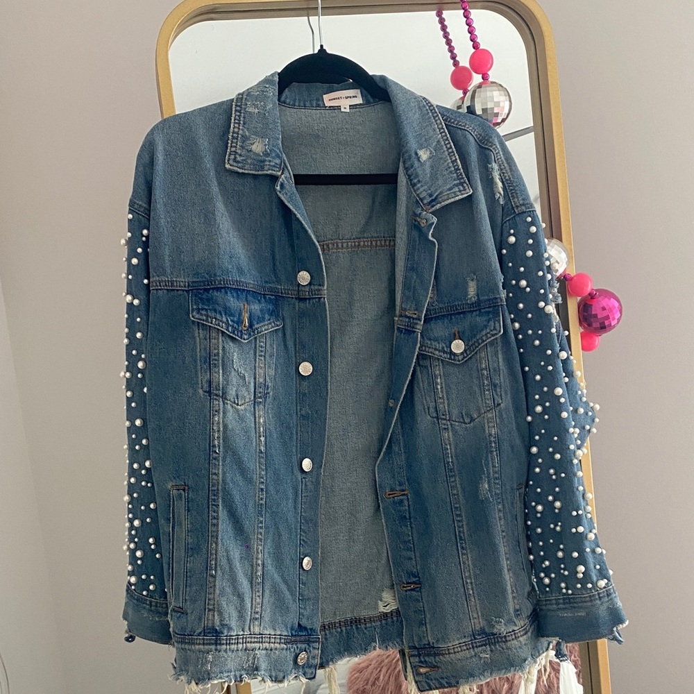 Stylish Blue Pearl-Studded Denim Jacket